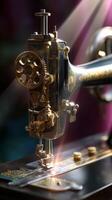 Vintage sewing machine showcases intricate mechanics and craftsmanship in a softly lit workshop photo