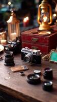 Vintage camera and accessories displayed on a rustic wooden table amid warm candlelight atmosphere photo