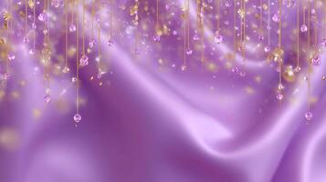 Elegant purple background with hanging crystals and golden accents for festive or decorative themes photo