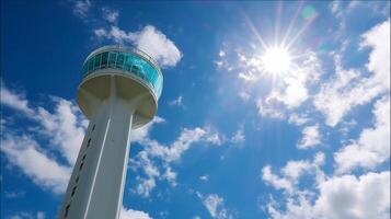 Bright sun shining over a modern lighthouse against a clear blue sky with scattered clouds photo