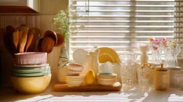 Soft morning light illuminates kitchen counter with colorful dishware and utensils arranged neatly photo