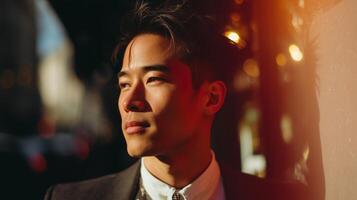 Confident young man standing in urban setting during golden hour with warm light highlighting features photo