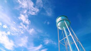 Water tower stands tall against a bright blue sky with scattered clouds during a sunny day in a rural area photo