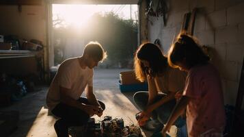 Family collaboration in a garage workshop during sunset, focusing on creative project photo