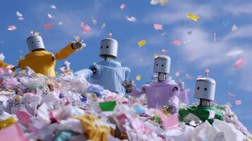 Robots playfully exploring a vibrant landscape of colorful paper and waste during a sunny afternoon photo
