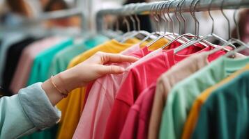 Colorful t-shirts hanging on rack with a hand reaching for a pink one at a busy market photo