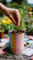 Hand planting seeds in a colorful tin can on a sunny garden table surrounded by flower packets and greenery photo