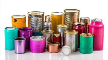Collection of colorful metal cans arranged aesthetically on a white surface, showcasing various sizes and designs photo