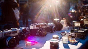 Vintage cameras displayed at an outdoor market during a sunny afternoon in the city photo