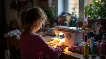 Girl stitches fabric at a sewing machine in a cozy workshop during evening hours photo