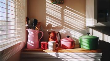 Kitchen countertop with colorful cookware and utensils illuminated by morning light photo
