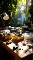 Crafting electronic circuits in a well-lit workspace filled with tools and components photo