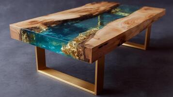 Unique wooden coffee table with resin river design and metallic legs in modern interior setting photo