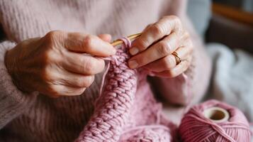 Knitters create cozy garments in soft pink yarn during a peaceful afternoon indoors photo