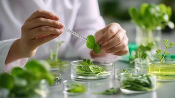 Scientist conducting plant research in a laboratory while examining green leaf samples during a study photo