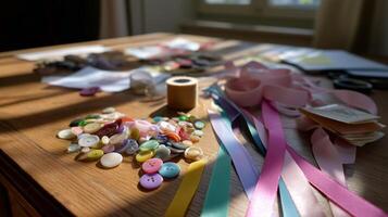 Colorful buttons and ribbons laid out on a wooden table in bright sunlight during a creative crafting session photo