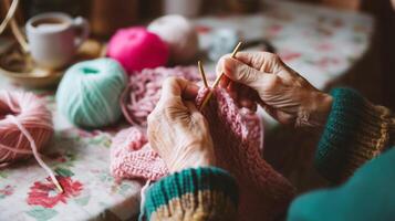 Knitting session at home with colorful yarn and warm coffee during a cozy afternoon photo