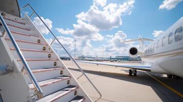 Luxury jet steps leading to a private aircraft at an airport on a sunny day with scattered clouds photo