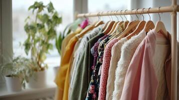 Colorful clothing rack displaying various garments in a cozy indoor setting during daylight photo