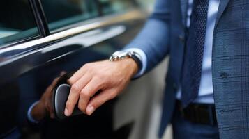 Elegant man in suit prepares to enter luxury car on busy urban street during daytime photo