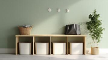 Modern entryway storage solution with minimalist design and greenery in natural light photo