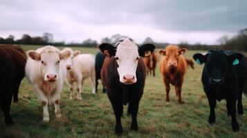 Cows gather in a green pasture under a moody sky during late afternoon in a rural landscape photo