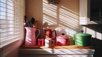 Kitchen countertop with colorful vessels and sunlight casting shadows in a cozy home atmosphere photo