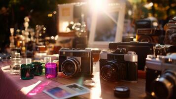 Vintage camera collection displayed at a local market during a sunny afternoon, showcasing various photography equipment photo