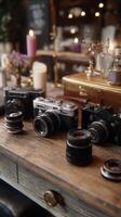 Vintage cameras arranged on a wooden table in an inviting cafe setting with warm lighting photo
