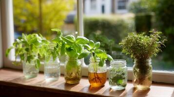 Herb garden arrangement in glass jars on a sunlit windowsill in the afternoon photo