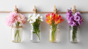 Colorful flowers in jars arranged on a rope display for a cheerful decor element in the living space photo