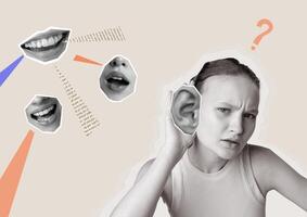 Creative expression of communication and listening through a unique visual collage featuring a young woman engaged in an active listening pose photo