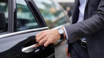 Businessman opening a car door in a modern urban setting during the day photo