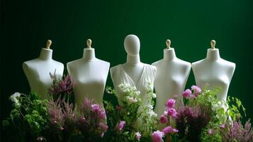 Mannequins adorned with flowers create a vibrant display in a fashion studio during daylight hours photo