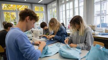 Students engage in a sewing workshop, creating fabric items while enjoying the bright autumn light through large windows photo