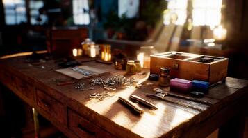 Workshop clutter showcases tools, materials, and warm sunlight illuminating a creative space photo