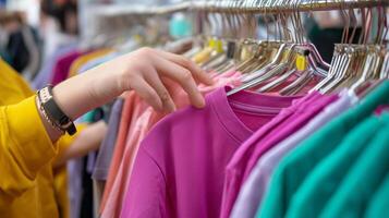 Shopping for colorful clothing in a vibrant store during a sunny afternoon photo