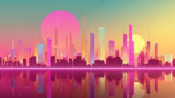 Vibrant skyline with futuristic buildings reflecting in water during sunset in a fantasy city photo