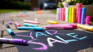 Vibrant yard sale sign with colorful markers and scattered items on a sunny day in a suburban neighborhood photo