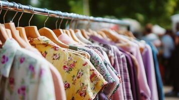 Vintage clothing market features colorful dresses displayed on hangers during a sunny day in a vibrant outdoor setting photo