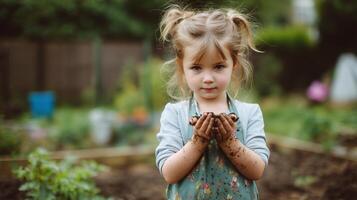 Young child enjoys gardening by holding freshly dug soil in a backyard garden during a sunny afternoon photo