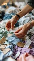 Sorting colorful fabrics with labels at a craft studio on a sunny afternoon photo