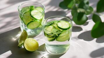 Refreshing cucumber lime water served in clear glasses with fresh ingredients on a bright surface photo