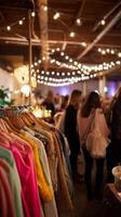 Colorful clothing on display at a vibrant indoor market with twinkling lights in the evening photo