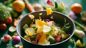 Colorful vegetable preparation in a kitchen, highlighting fresh ingredients falling into a bowl during meal prep photo
