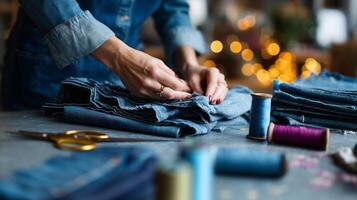 Crafting denim garments in a cozy workshop during the evening with soft lighting and colorful threads photo