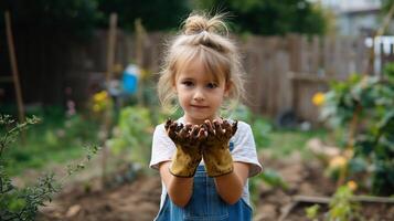 Child enjoys gardening and holds soil with hands while wearing gloves in a backyard garden on a sunny day photo