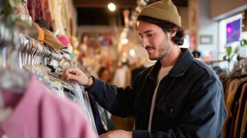 Young man shopping for vintage clothes at a thrift store in a bustling urban location during the afternoon photo