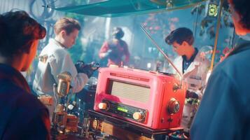 Vintage radio and young inventors engaging in creative experimentation at a retro workshop photo