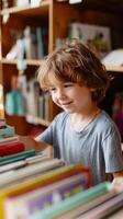 Child enjoys selecting books in a cozy library setting during the afternoon photo